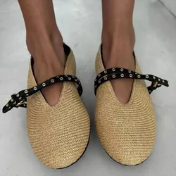 2024 Women Ballet Flats Shoes Mary Jane Women Breathable Round Toe Holiday Sandal Knitting Buckle Strap Solid Color Casual Shoes