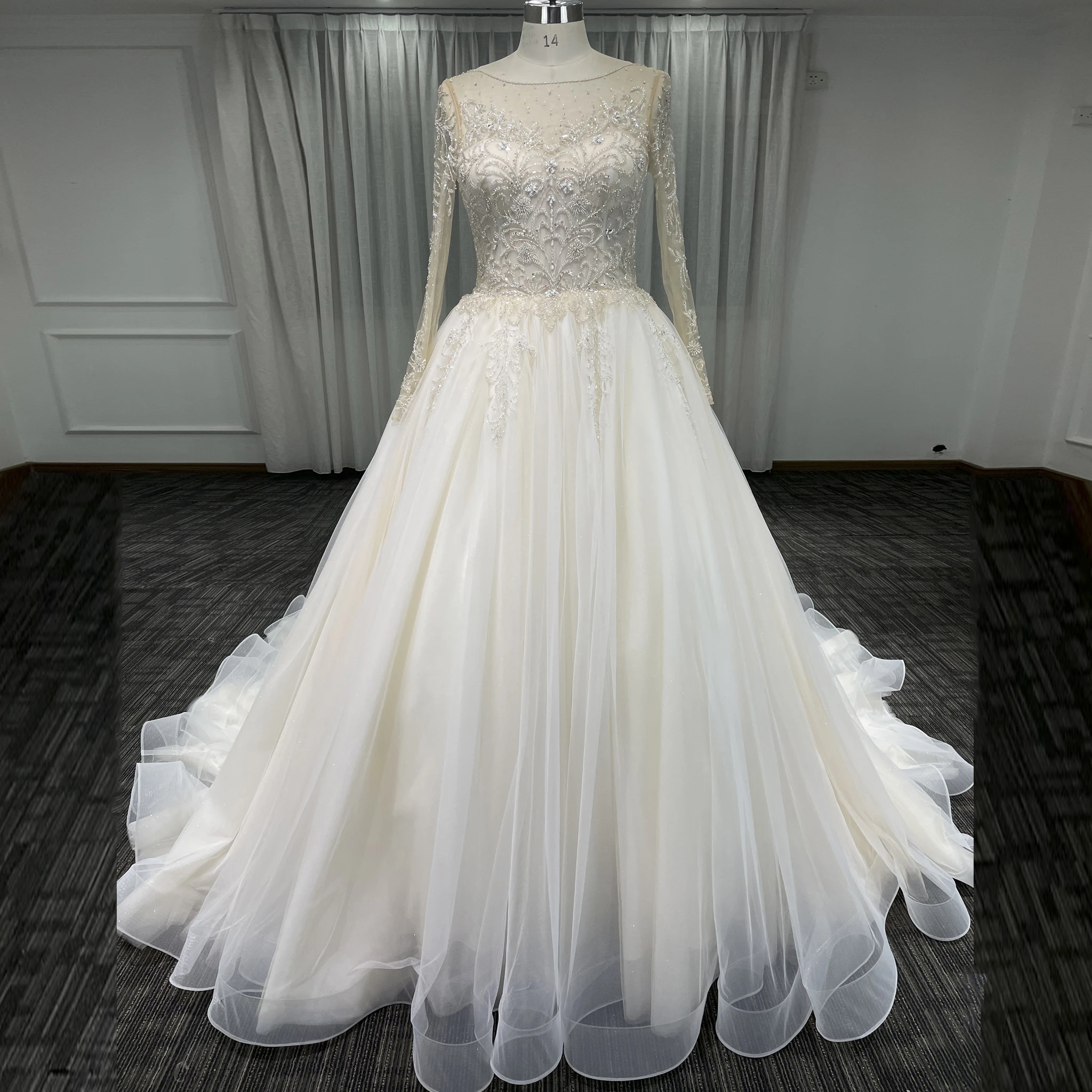 Rosymae Elegant A-Line Wedding Dress with Sheer Sleeves for Bride Gown