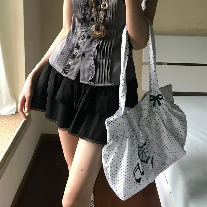 Korean Polka Dot Shoulder Bag Women's Nylon Tote Bag Cute Bow Love Note Printed Tote Bag Skirt Design Magnetic Buckle Armpit Bag image 4