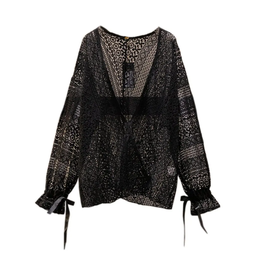 Deformed Summer Shawl with Sling Skirt Outer Lace Cardigan Blouse Women's plus size Thin Sunscreen Top