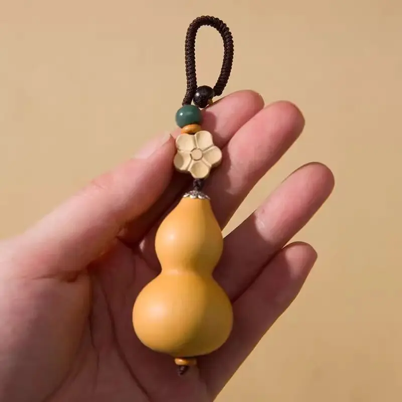 Natural Hand Twisted Small Gourd Keychain with Ivory Nut Lotus Charm Car Rearview Mirror Hanging Ornament Gifts