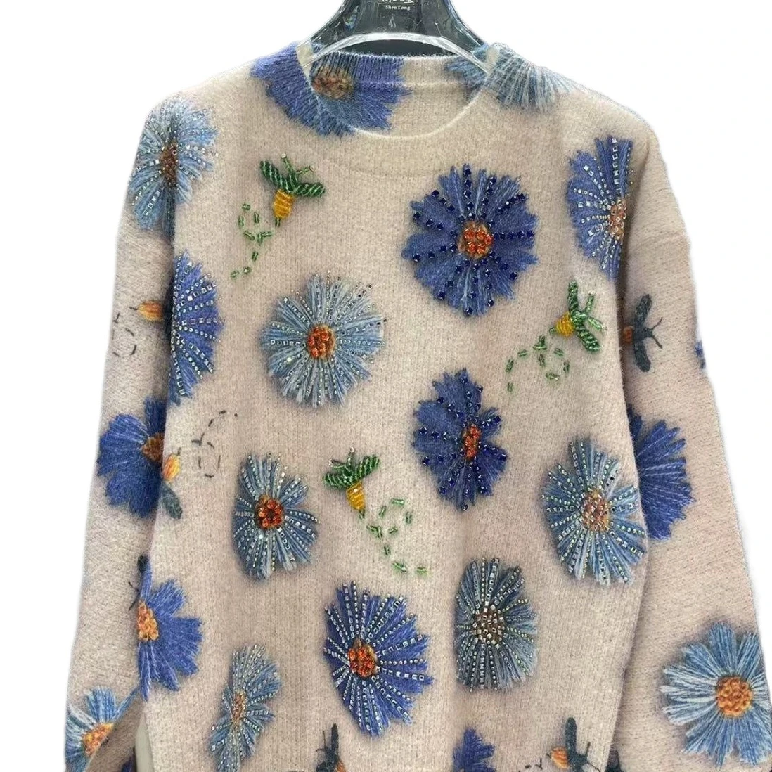 Blue Chrysanthemum Tie-dye Diamonds Beaded Knitted Sweater Rhinestones Flowers Printed Pullovers Crystal Knitwear Jumpers Tops