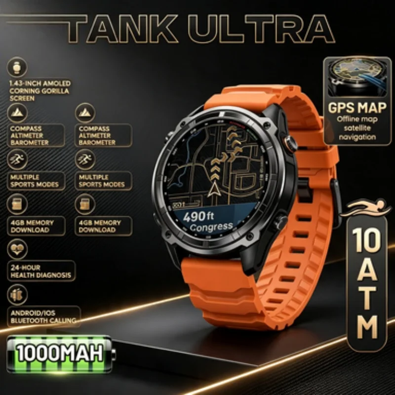 Sapphire GPS SmartWatch for Men Military Grade with Offline Maps 4GB Memory Video Player Waterproof 50m for Swimming 2025 Model