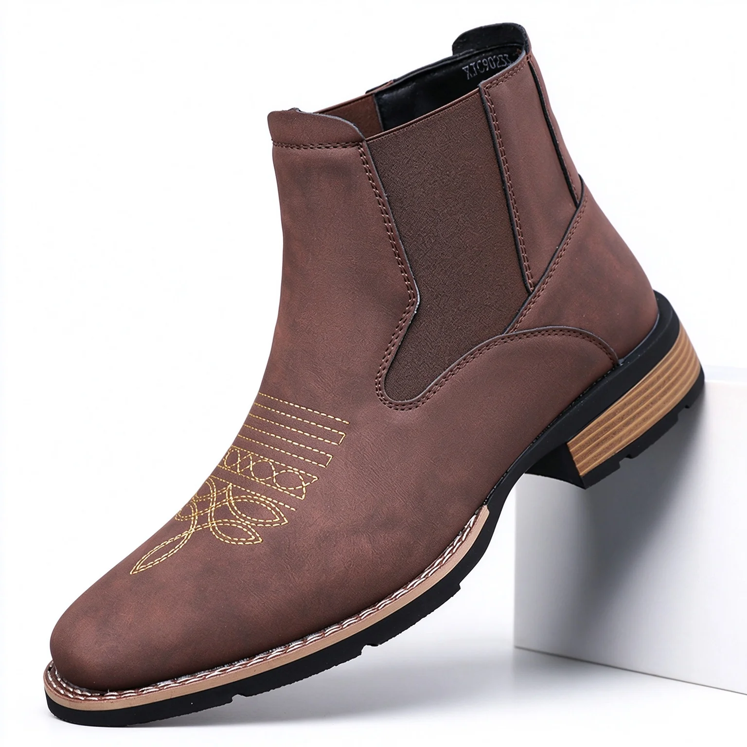 Men's Ankle Boots Vintage Square Toe Slip‑on Short Boot Elastic Side Band Embroidery Decor Fashion Casual Daily Shoes For Men