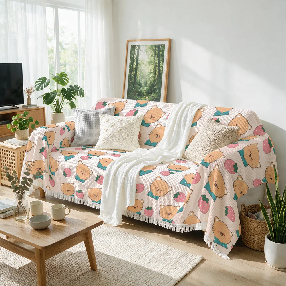 Adorable Cartoon Animal Strawberry Pattern Throw Blanket Couch Cover Cozy Sofa Decor for Living Room Picnic Blanket Seasonal Hom