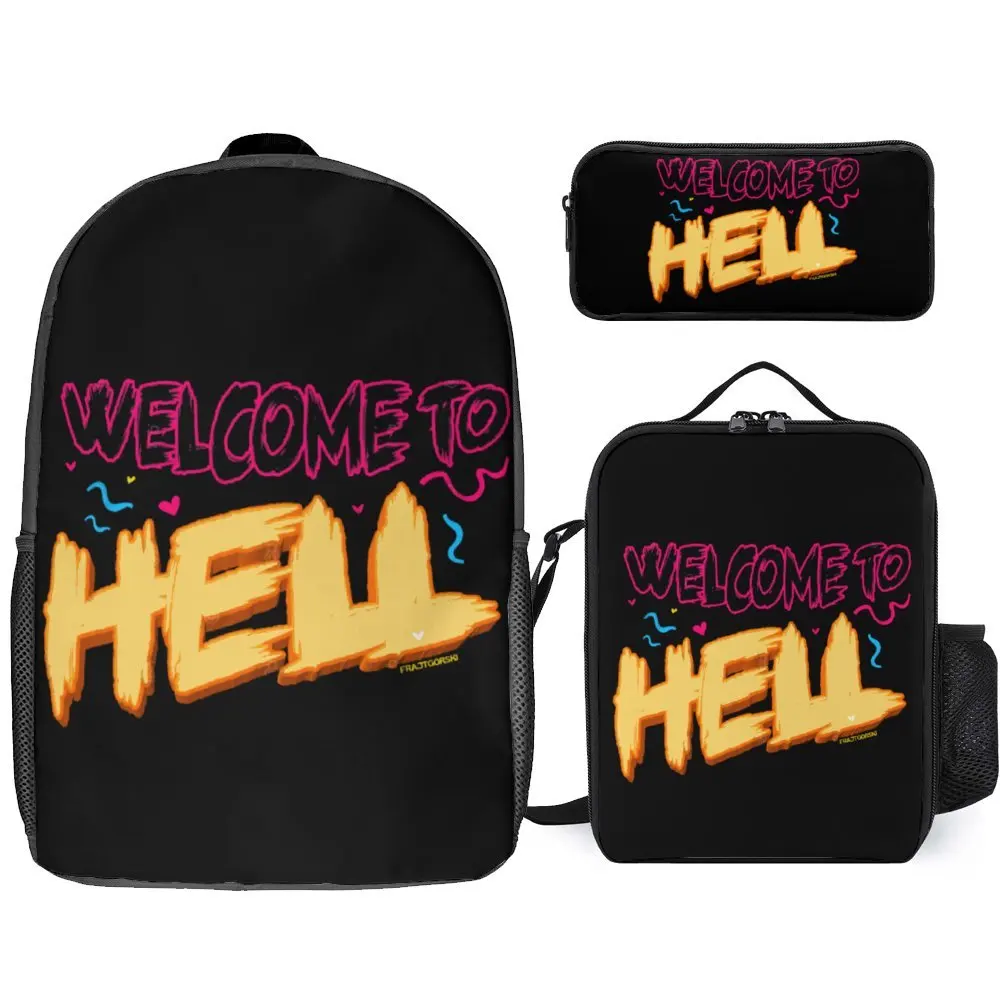 Welcome Hell 10 Durable Snug Lunch Tote 3 in 1 Set 17 Inch Backpack Lunch Bag Pen Bag  Picnics Funny Graphic