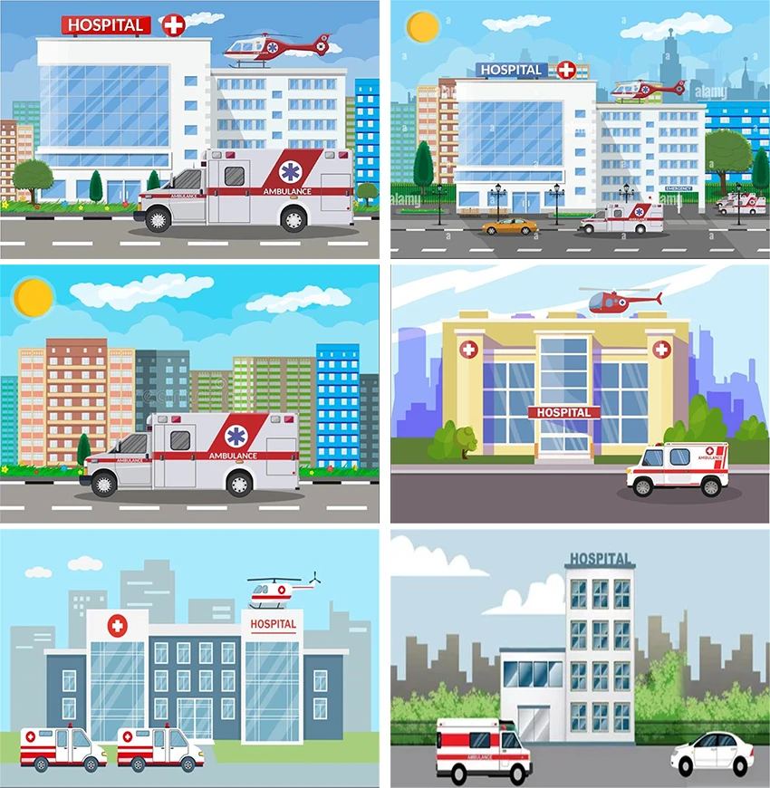 Photography Backdrop Cartoon Ambulance Aircraft Hospital Building Background Healthcare Workers Doctor Nurse Themed Party Decor