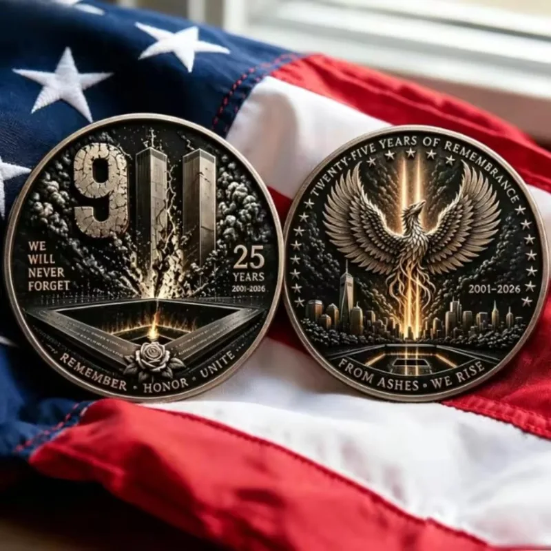 2D 25th Anniversary of 9/11 Gold Plated Commemorative Coin Never Forget Terrorist Attack Collection Souvenir Token 40mm Round