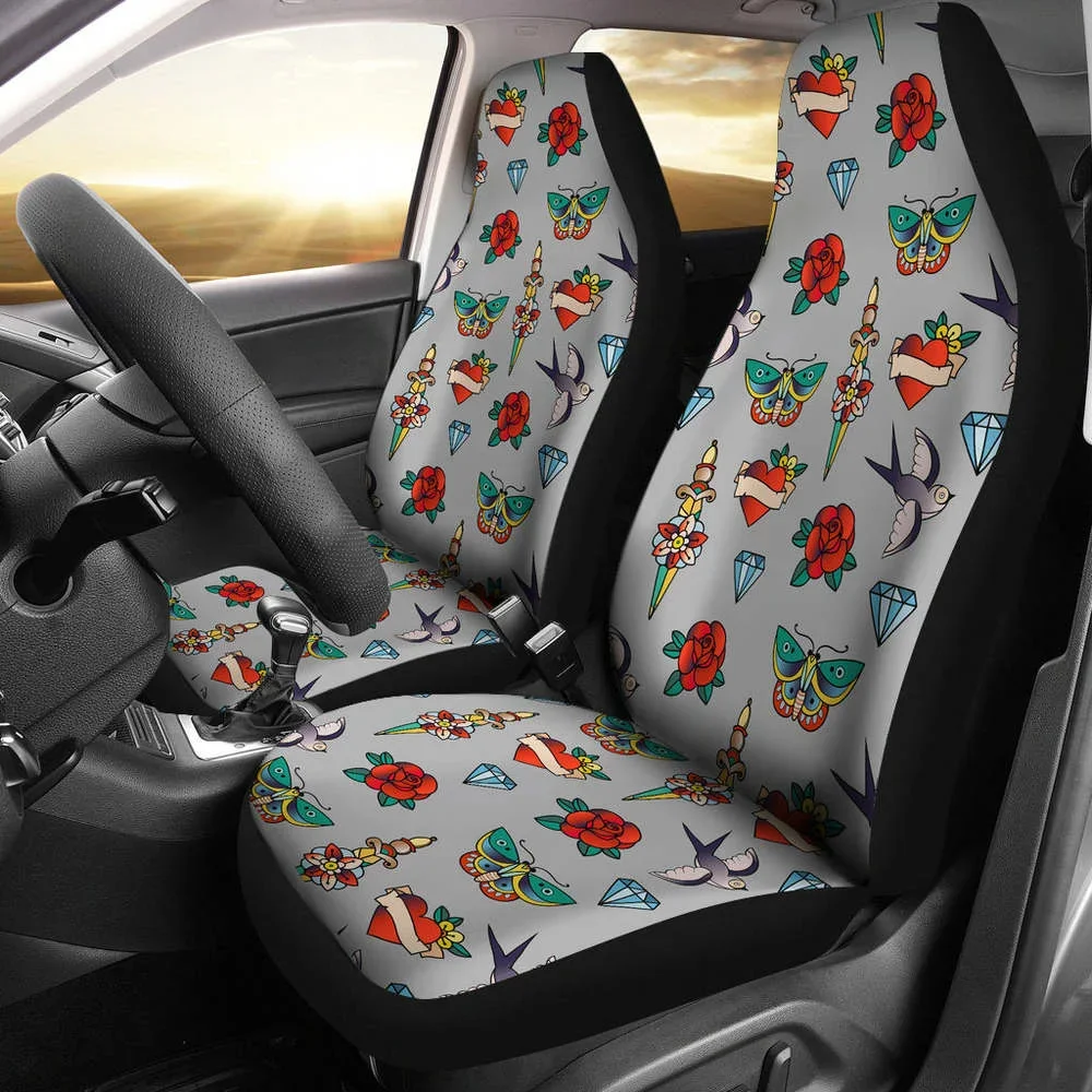 Old School Tattoo Traditional Vintage Style Pattern on Gray Car Seat C,Pack of 2 Universal Front Seat Protective Cover