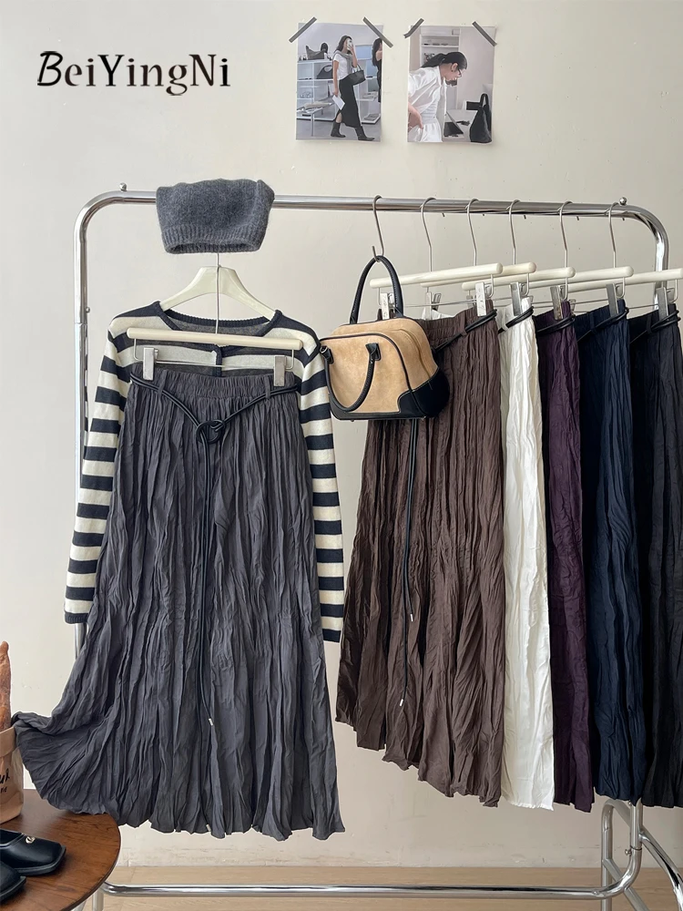 Beiyingni Jesienno-zimowe plisowane długie spódnice damskie z paskami, retro, jednolite, w stylu japońskim, damskie spódnice midi w kształcie litery A, Faldas