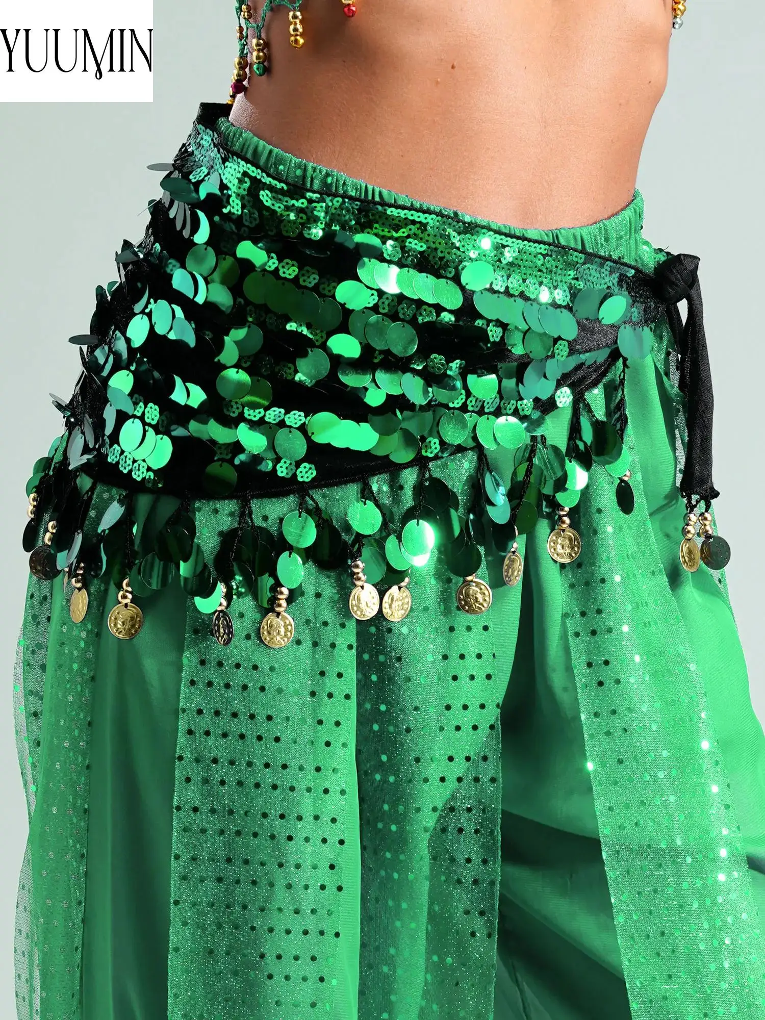 

New Style Sparkly Sequins Belly Dance Waist Chain Hip Scarf Lace-up Velvet Skirt For Stage Performance Costume Accessories