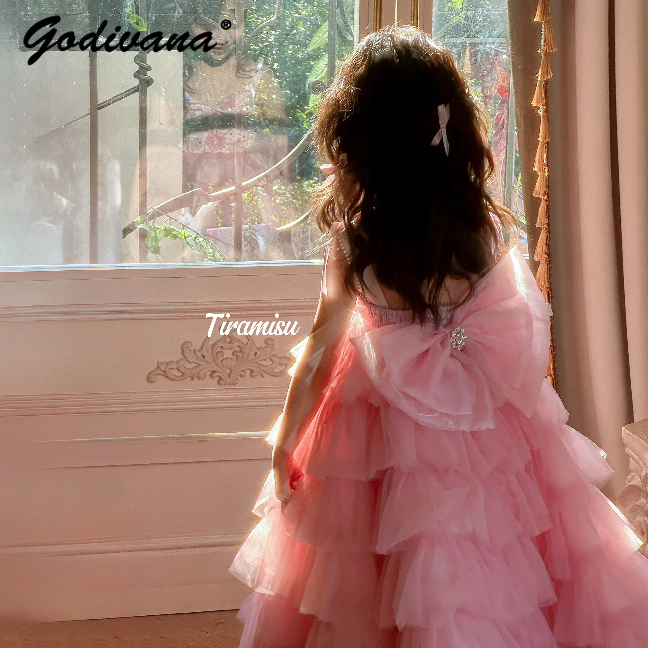 Sweet Baby Girls 2026 New Summer Princess Birthdays Party Gown Babys Mesh Floral Sequin Bow Gradient Pink Maxi Cake Sundress