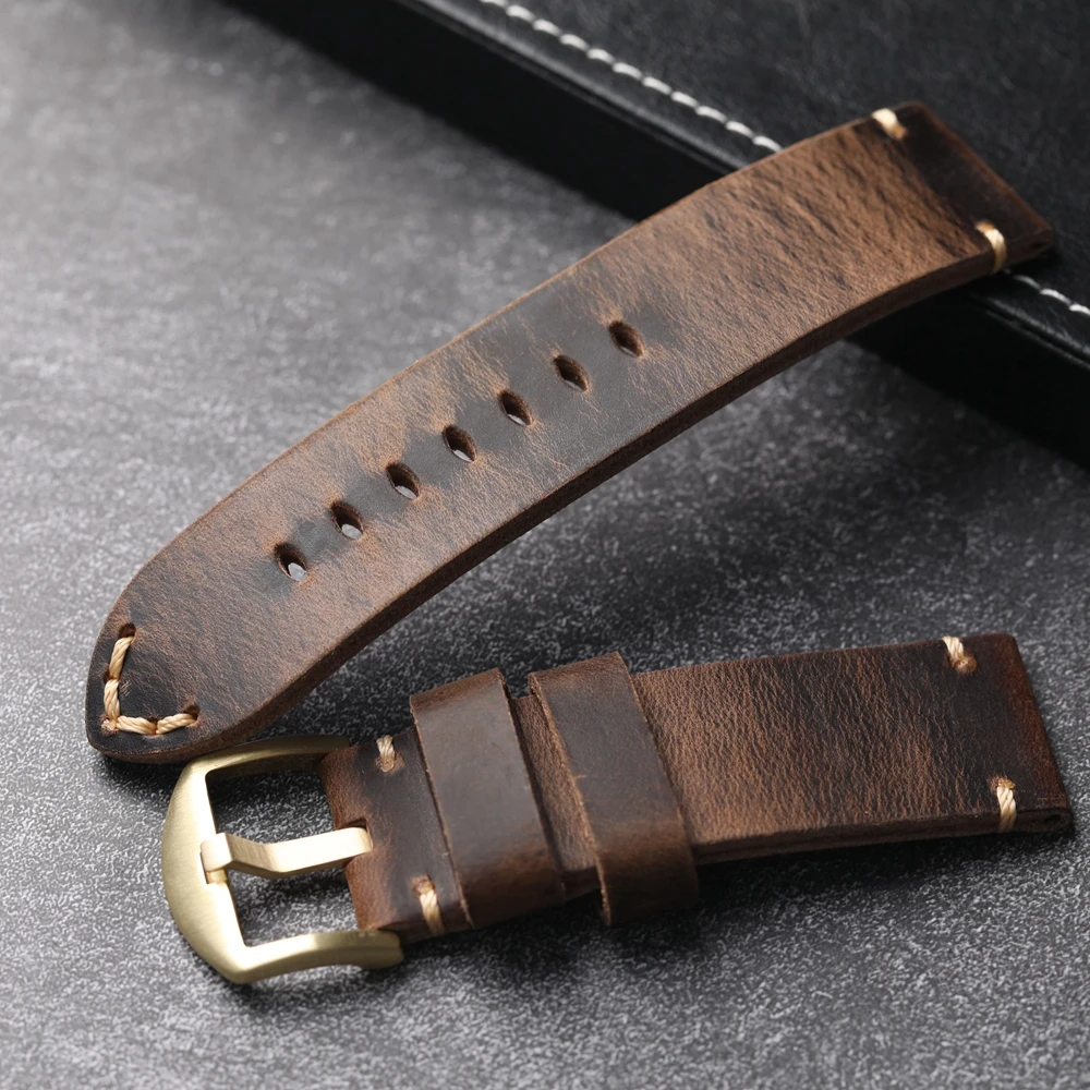 Make Old Brown Bronze Watch Strap 20 21 22 23 24 26MM Brown Thickened Men Head Layer Cowhine Bracelet Retro Style Pure Coppe