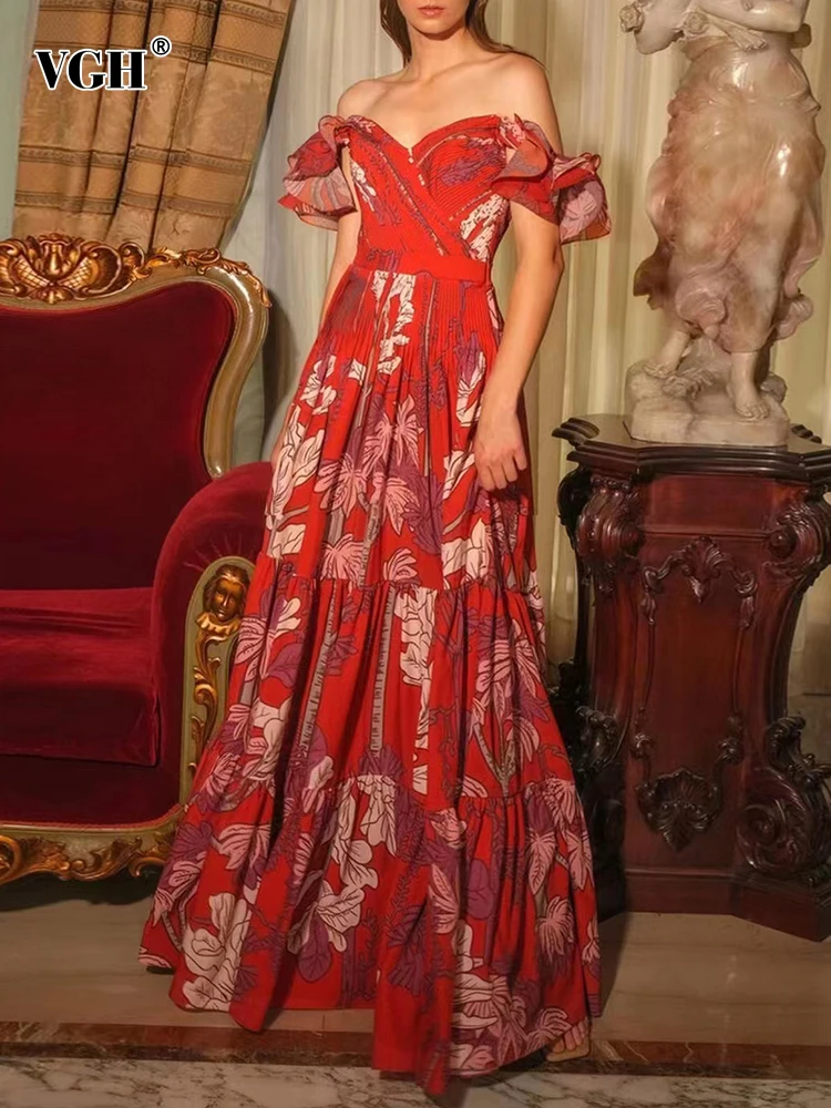 

VGH Hit Color Printing Slimming Dresses For Women Strapless Sleeveless High Waist Off Shoulder Vintage Dress Female Fashion New