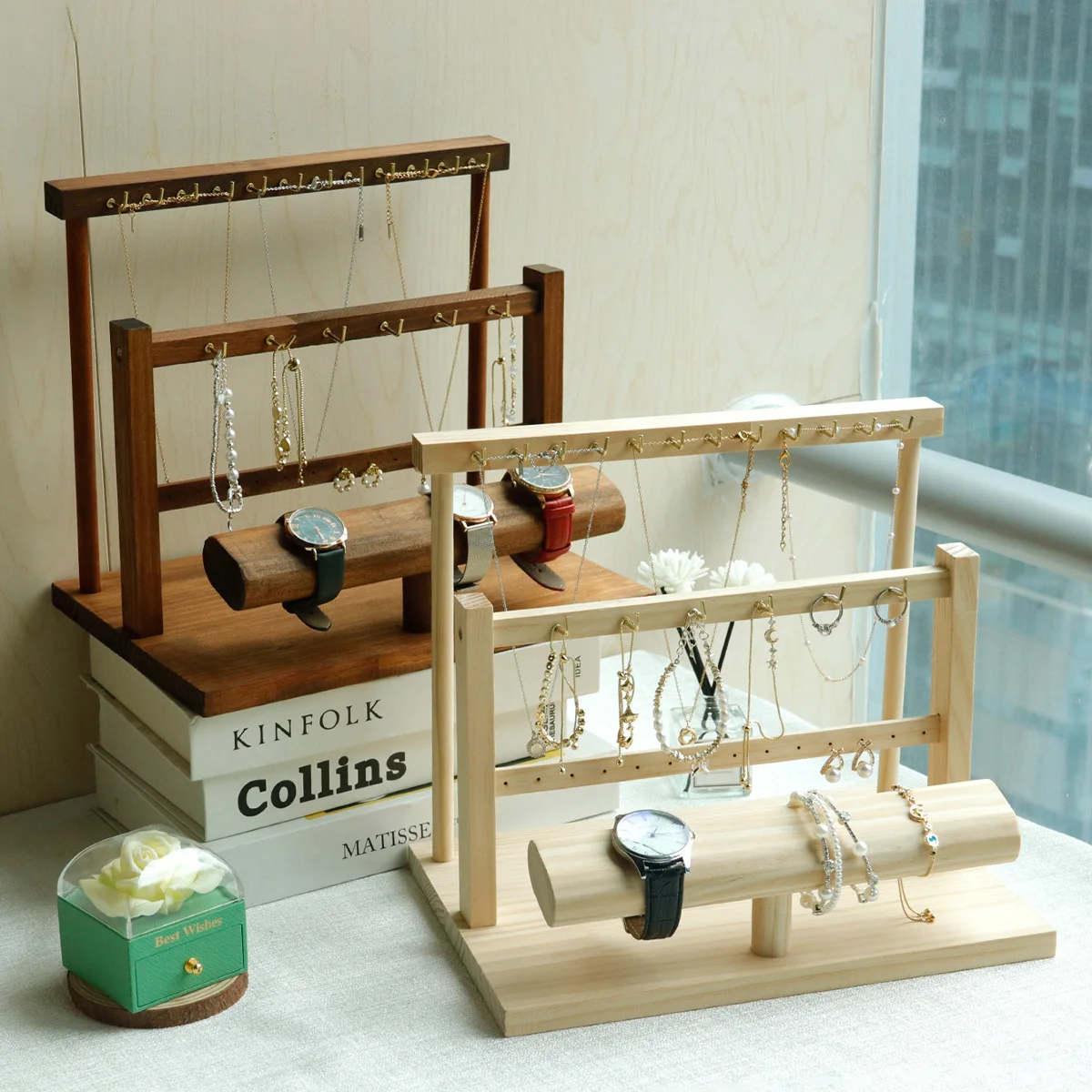 

Wooden Jewelry Display Stand Necklace Bracelet Key Watch Holder Hook Storage Rack Earring Pin Brooch Holder Stand Organizer