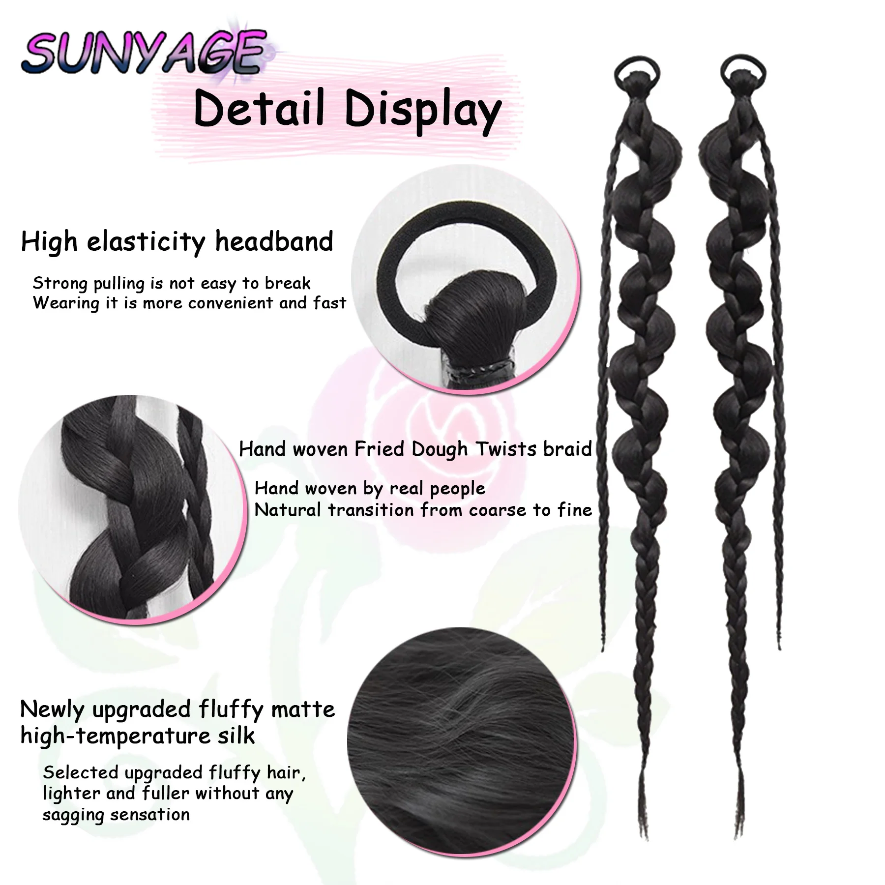 SUNYAGE Chinese Style Mesh Bow Grab Clip synthetic Ponytail Wig Women Simulation Boxing Braid Extensions