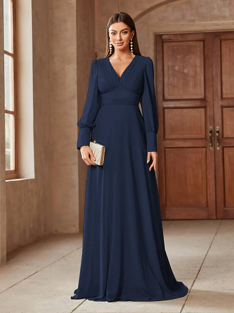 TOLEEN 2024 New Spring Summer Luxury Elegant Formal Party Evening Clothing Women\'s Simple V-Neck Solid Color Long Sleeve Dresses