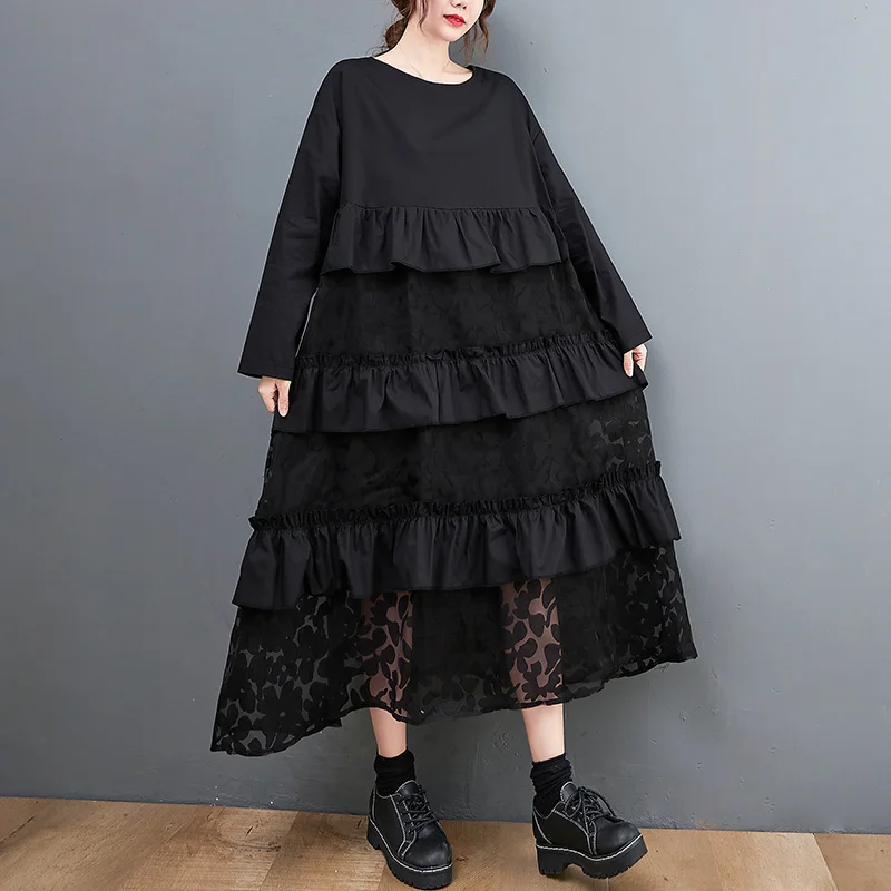 #4077 Spring Summer Black Spliced Mesh Ruffles Dresses Ladies A-line Loose O-neck Korean Style Midi Irregular Dress Long Sleeve