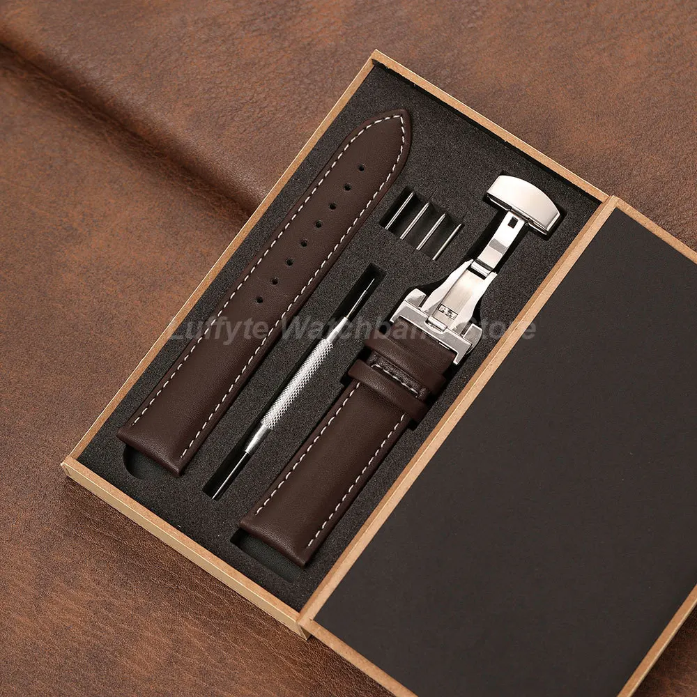 Men PU Leather Watch Strap 18mm 20mm 22mm 24mm with Butterfly Buckle Gift Packing Box Comfortable Replacement Wristband