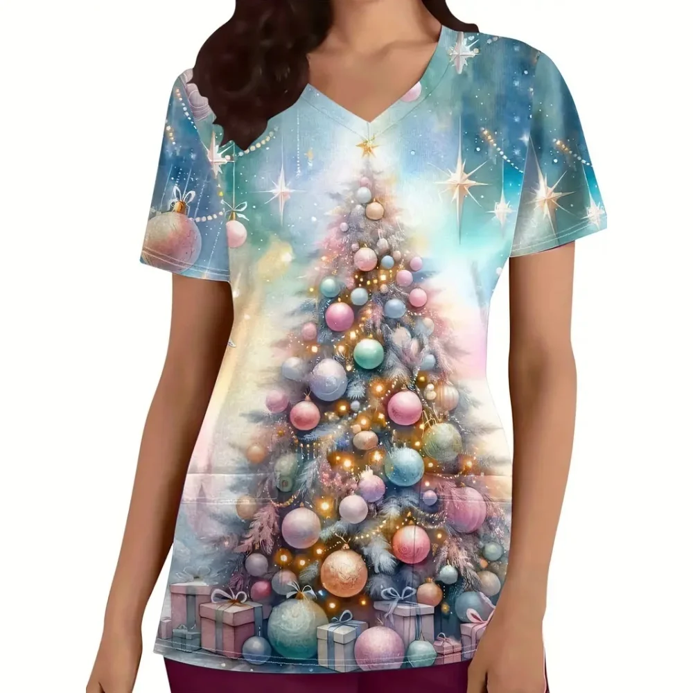 

Uniforms Women Medical Christmas Cute Cartoon Print Dental Spa V-Neck Short Sleeves Medico Tops Health Care Nurse Uniform Woman