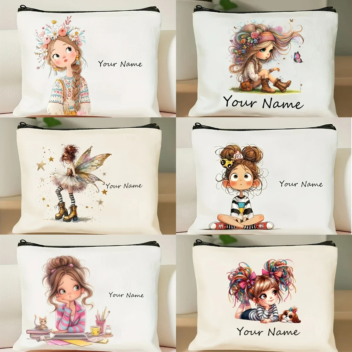 Personalise Name Vintage Cute Girl Pattern Makeup Bag Handbag Toiletry Bag Pencil Case Holiday Gift Cosmetic Bag
