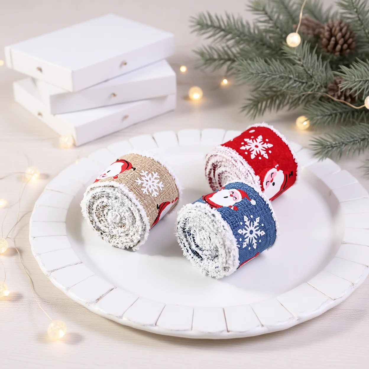 2M Plush Edge Ribbon Christmas Themed Holiday Decorative Ribbon Santa Claus Ribbon Cuttable For Diy Handmade Christmas Bows