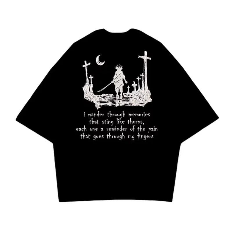 Unisex Summer Gothic Cemetery Figure Letter Graphic T Shirt Oversized Loose Short Sleeve Cotton Streetwear Back Print Casual Top