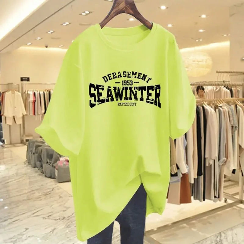 Women Clothing Cotton O-neck Short Sleeve Basic T-shirt Summer Fashion Casual Letter Printing Top Tee Chic Oversized Pullover