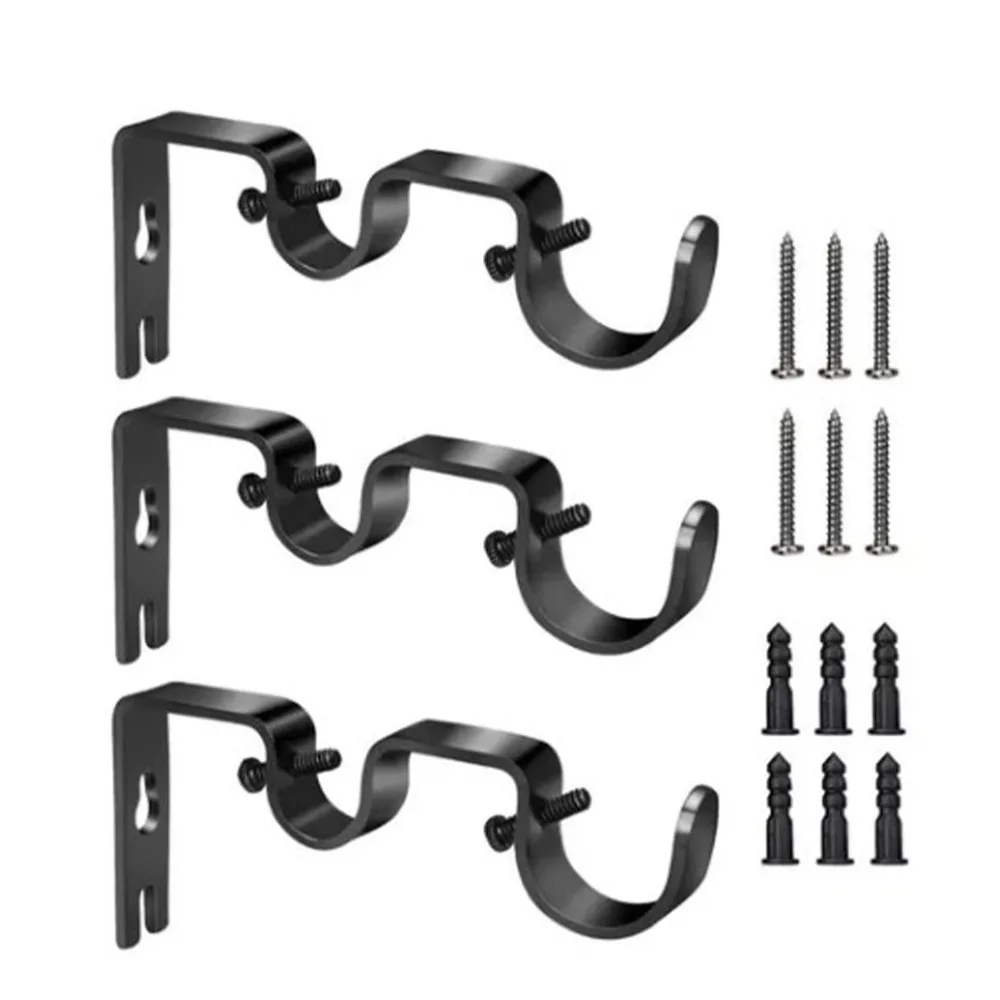 3Pcs Universal Iron Curtain Rod Bracket Black 12.2 x 5.3cm Curtain Rod Hook Double Curtain Rod Bracket For Bedroom