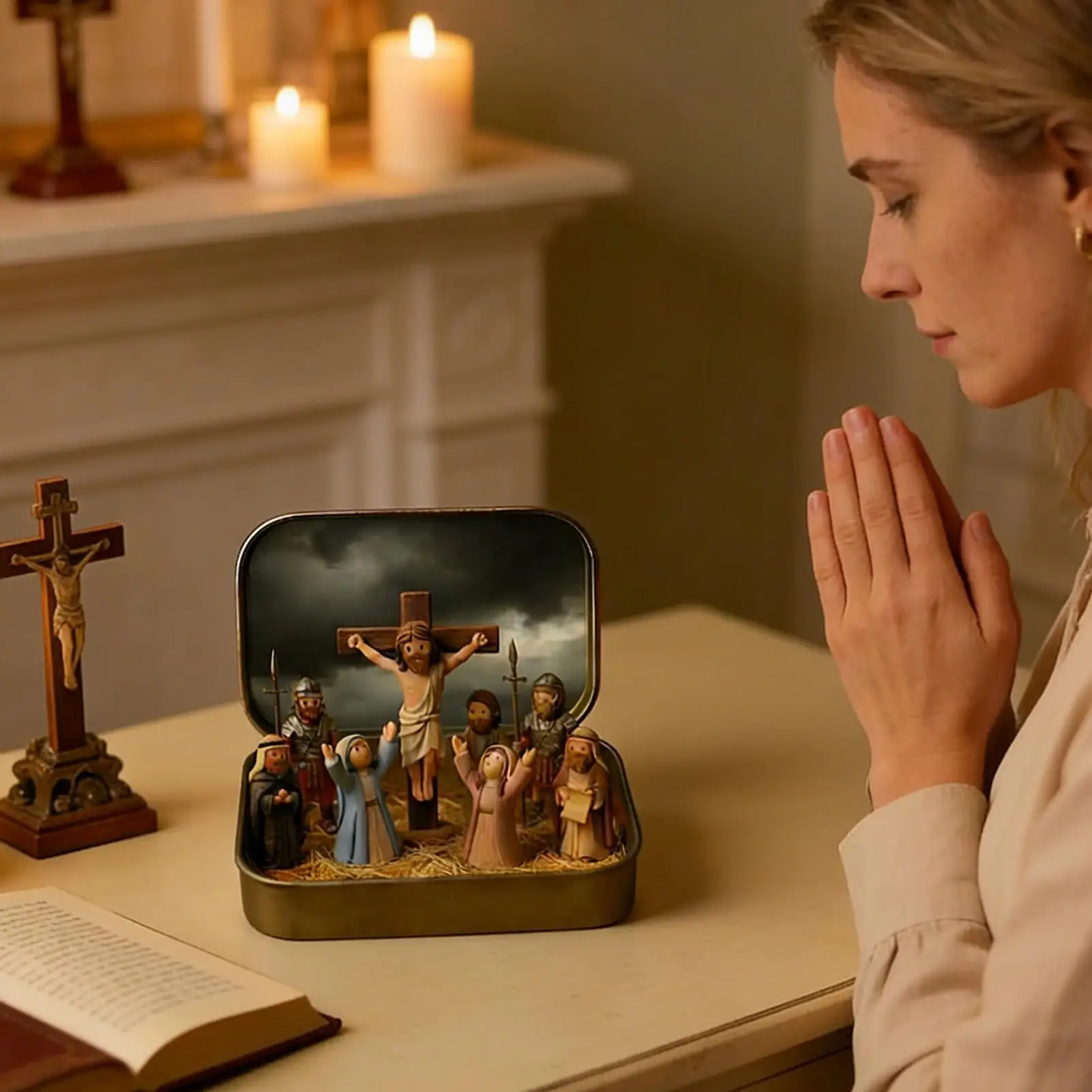 Mini Figuras de Jesus em Caixa de Lata, Decoração Engraçada de Páscoa para Mesa, Cena Religiosa do Sofrimento de Jesus, Decoração Religiosa para Casa, Quarto, Mesa, Prateleira, Escola