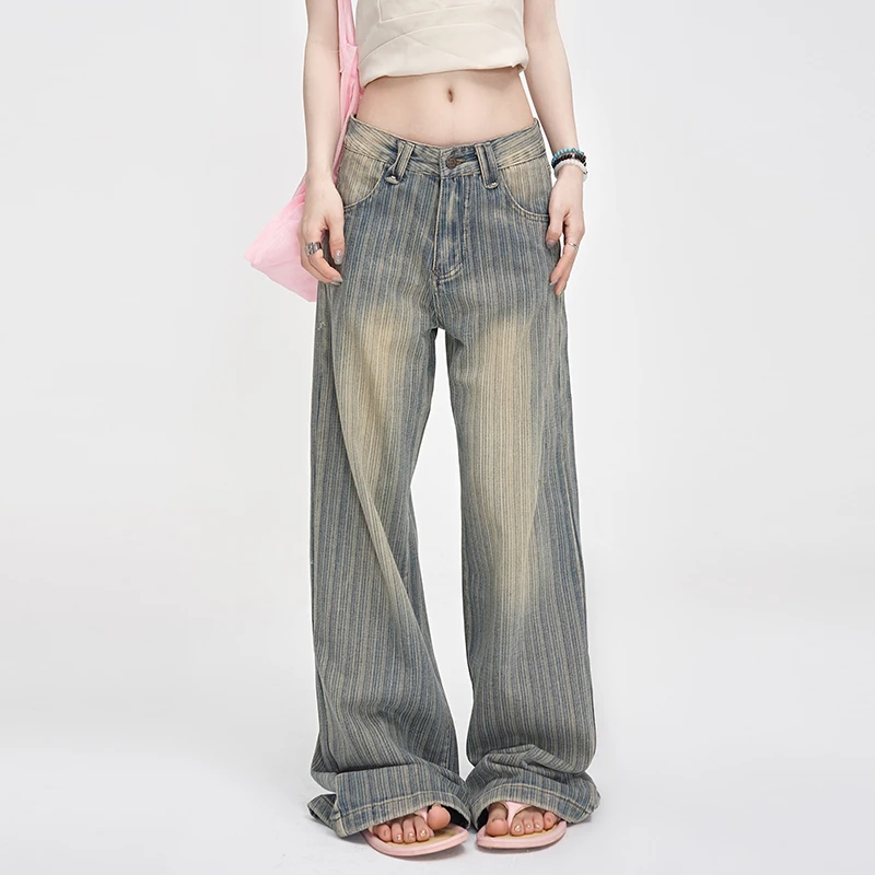 

CHIC High Street American European Vintage Retro Washed Stripes Women Denim Jeans Pants Long Straight Pants Wide Leg Trousers