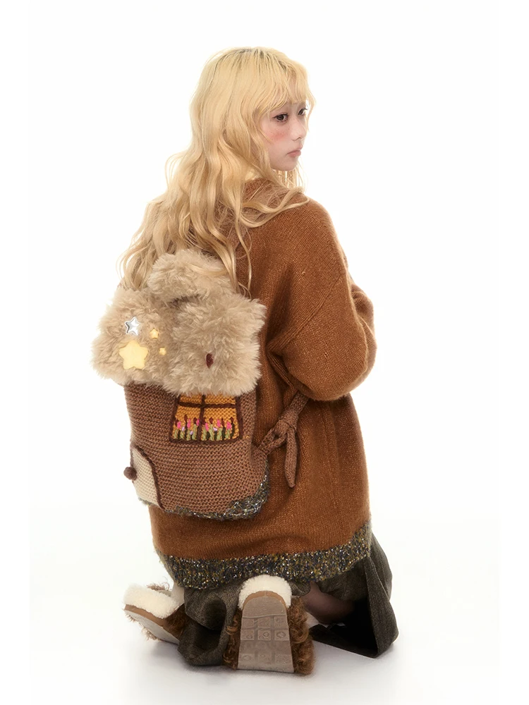 

2026 Autumn And Winter Original Cartoon House Design Knitted Backpacks Personalized Large Capacity Cute Plush Women's Bag Trendy