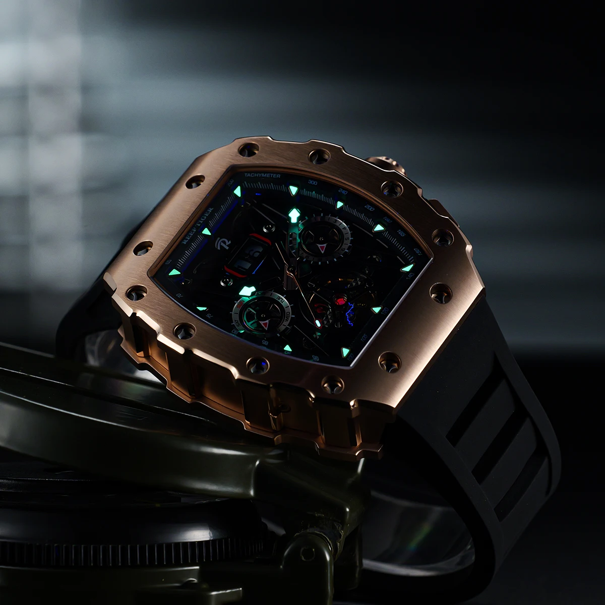 Imagem -03 - Reef Tiger-relógio Mecânico Multifuncional para Homens Relógio Rose Gold Tonneau Tourbillon Design Relógio Automático à Prova Dágua Rga3009