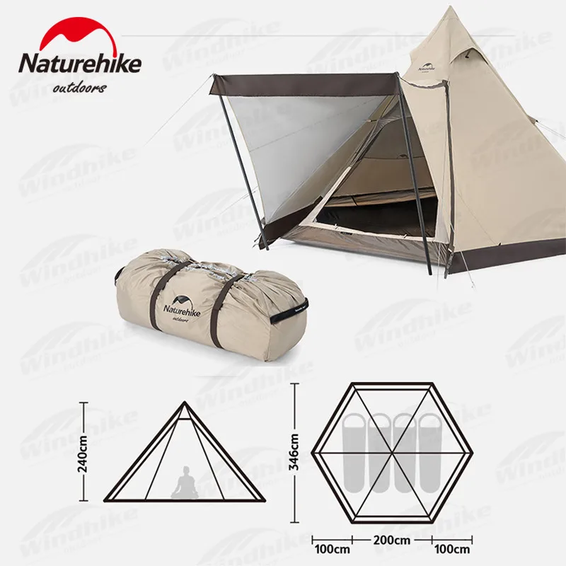 Naturehike Pyramid Tourist Tent 3-4 People Fishing Tent 150D Oxford Cloth Outdoor Camping Waterproof Indian Tent with Snow Skirt