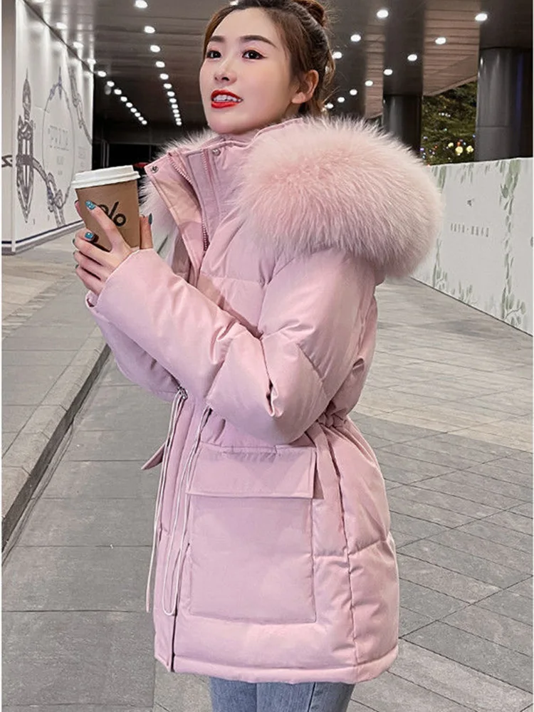 Winter Slim Pink Padded Coat Faux Fur Collar Hooded Parkas Korean Big Size Cotton Jaqueta Waist Drawstring Midi Lenght Jackets