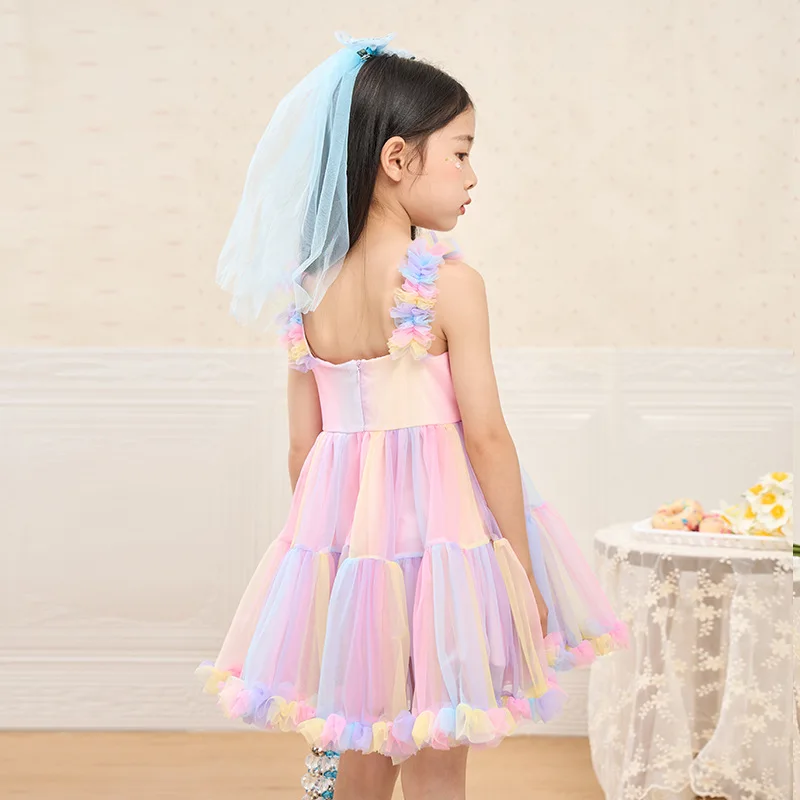 Baby Girls Tutu Dress Sleeveless Strap Rainbow Princess Girls Birthday Party Dress Children Kids Halloween Party Perform Costume