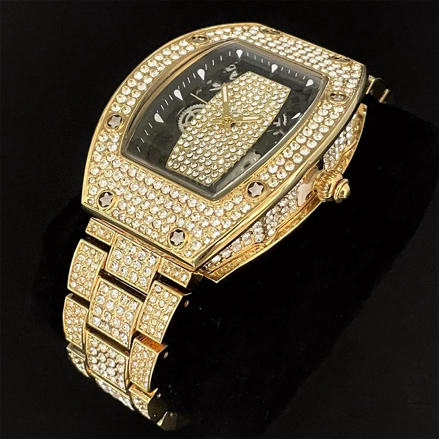 MISSFOX-Relógios de luxo para homens, relógio de quartzo impermeável, moda hip hop, diamante gelado completo, relógio de pulso Tonneau