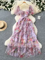 Elegant Ruffles Flower Long Dresses Women Summer Holiday Short Sleeve Corset Bustier Pleated Mesh Tulle Party Vestidos Evening