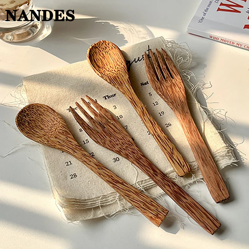 Cuchara de madera de coco Natural hecha a mano, tenedor, cuchillo para comer, postre, ensalada de frutas, mezcla de vajilla de madera de coco hecha a mano