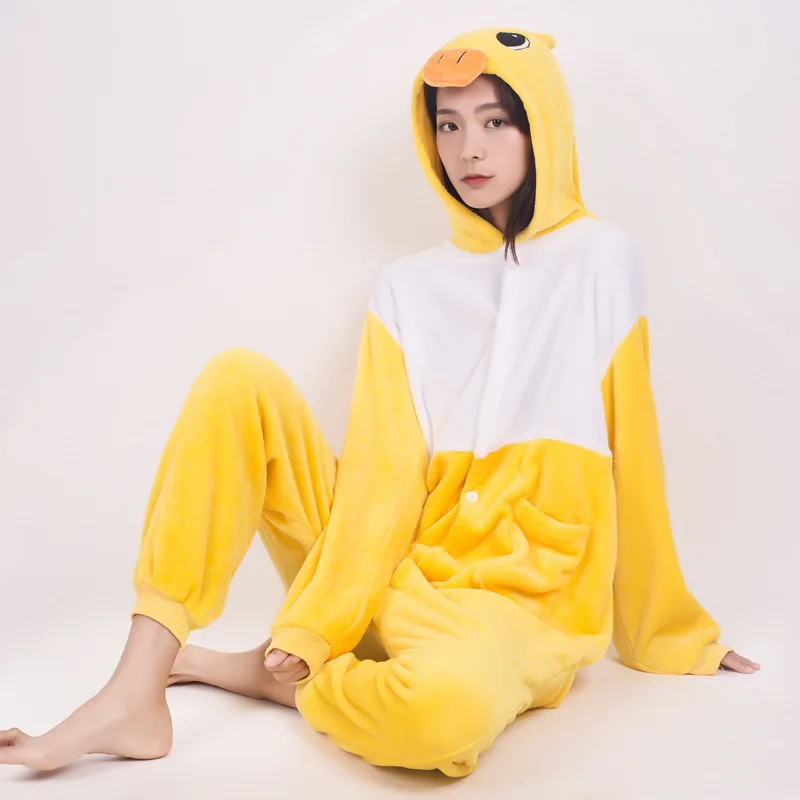 Kleine Gele Eend Dier Kigurumi Jumpsuit Pyjama Volwassen Mode Persoonlijkheid Winter Kleding Warm Flanellen Huiskleding Voor Vrouwen