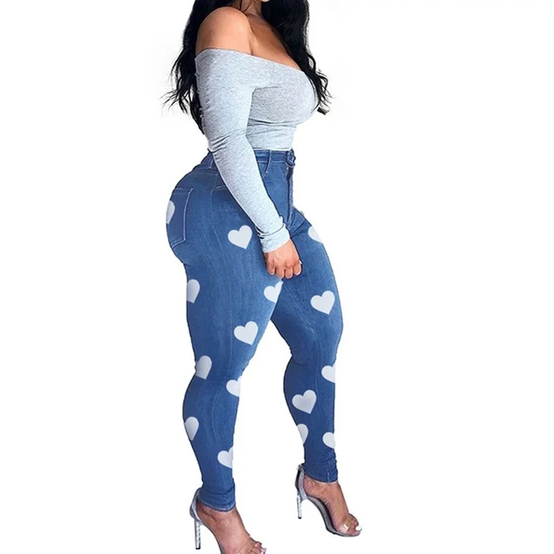 Heart Print Plus Size XL-5XL Jeans Slim Skinny Bodycon Denim Jean Pantalon Femme Pencil Pants Trousers Africa Women Streetwear