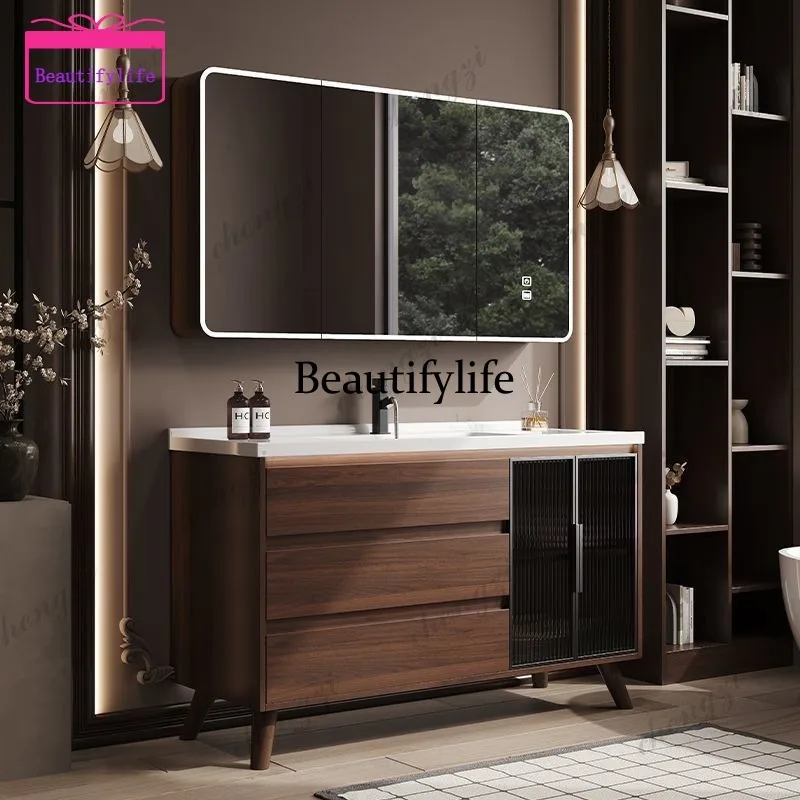Chinese walnut bathroom cabinet, bathroom ceramic integrated hand and face wash basin, floor-to-ceiling bathroom cabinet a17