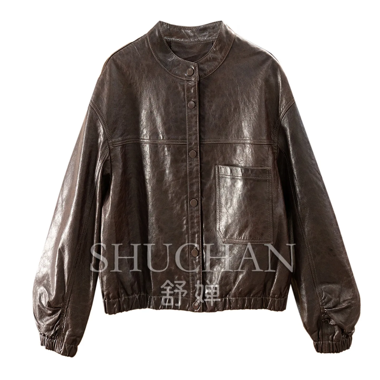 Horn Sleeve Oil Wax Plant Blend Sheepskin Leather Jacket Short Jacket Women's 54G2  Casaco Feminino Inverno 2026