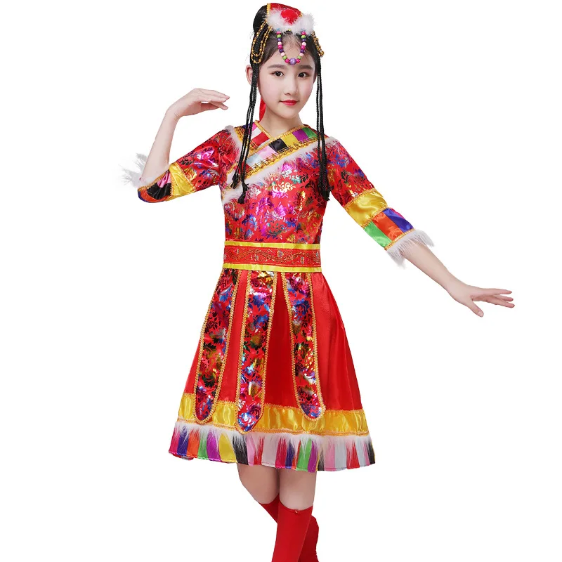 Fashion new children Tibetan dance performance costumes girls minority Chinese ethnic Tibetan Zhuoma performance costumes