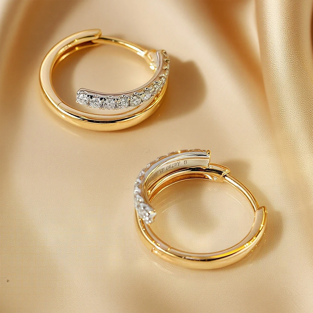 BXINY All 2mm Moissanite Hoop Earrings S925 Silver Plated 18K Gold Diamond Double Circle Ear Buckle for Women Party Jewelry Gift