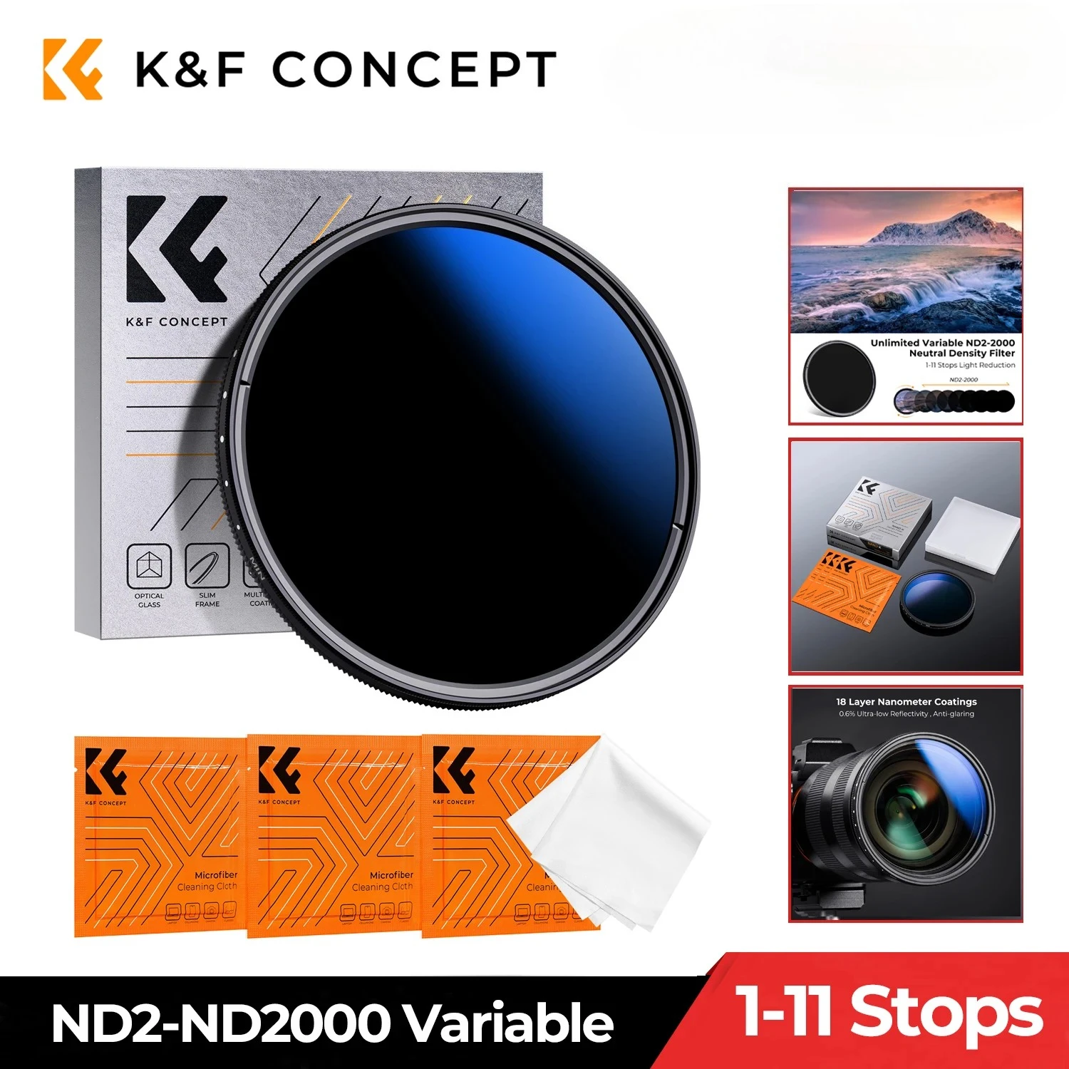 K&F Concept ND2-ND2000 Filter (1-11 Stops) 3 Pcs Cleaning Cloths Variable Neutral Density for Camera Lenses Nano-K Series Filter