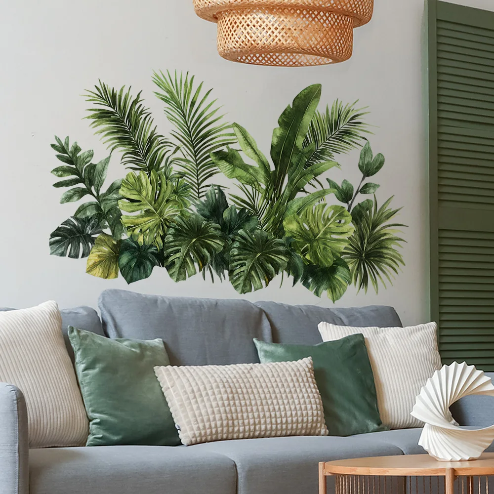 Watercolor Tropical Green Plants Wall Stickers, Removable Monstera Palm Leaf Decals, Peel and Stick Decor for Living Room view 3