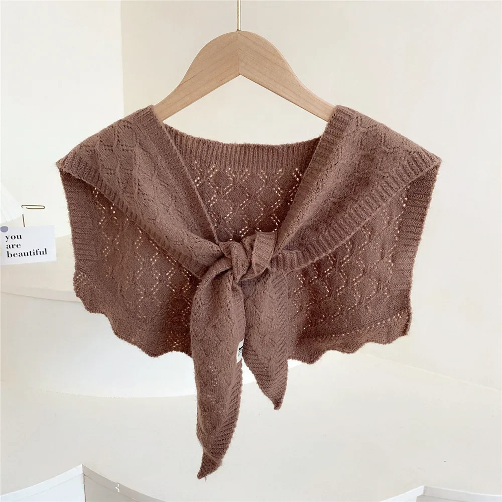 Korean Solid Color Neck Guard Scarve Woman's Knitted Warm Shawl Winter Wool Blouse Shoulders Fake Collar Cape Knotted Scarf