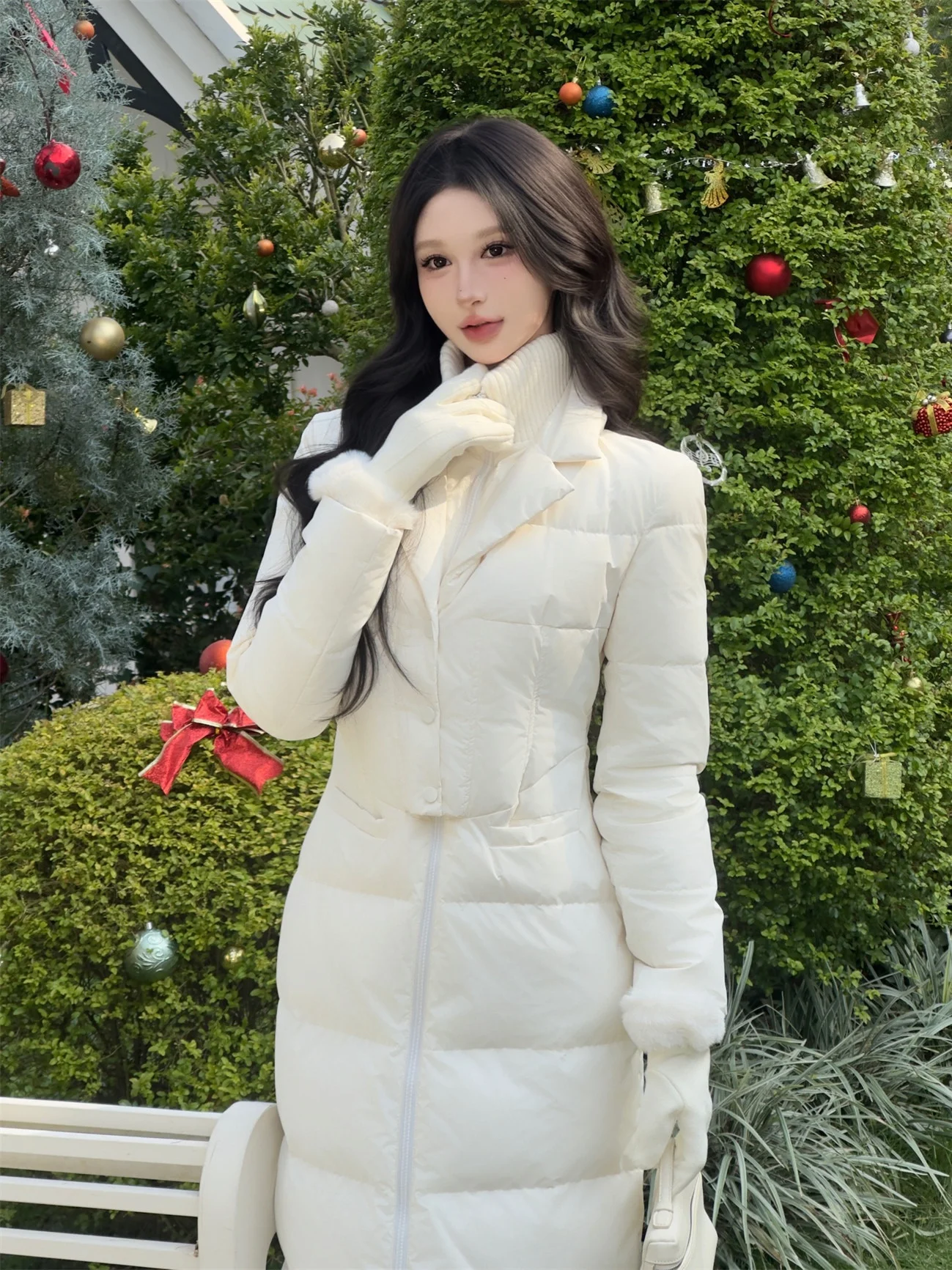 Winter Long Cotton Jacket Waist Cinched Stand Collar Patchwork Street Style Women's Fashion Thickened Cotton Inner Sleeve