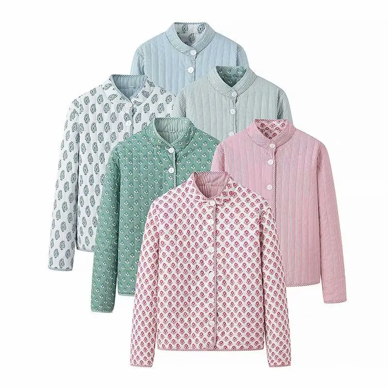 

Quilted Coats Print Women Single Breasted Jackets Stand Collar Coat Long Sleeve Pockets 2025 Autumn Spliced Buttons Casual